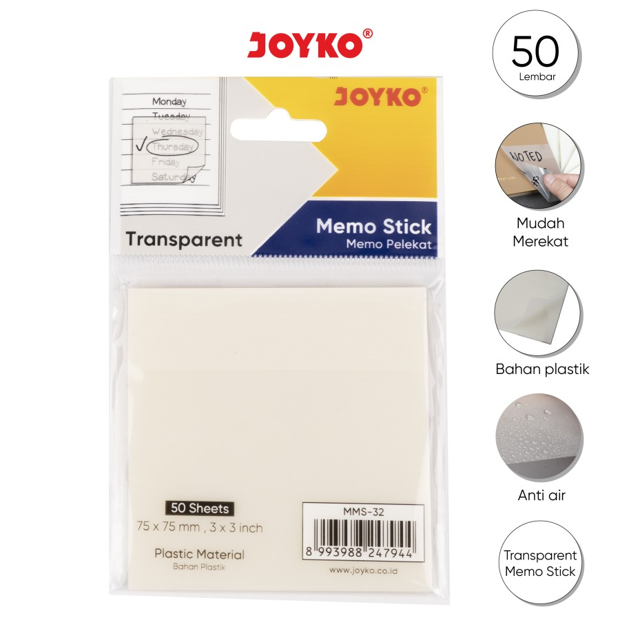 

MEMO STICK TRANSPARENT | STICKY NOTE KERTAS JOYKO MMS-32 | MEMO TEMPEL | PEMBATAS PLASTIK 50 SHEETS 75 X 75 Gsm