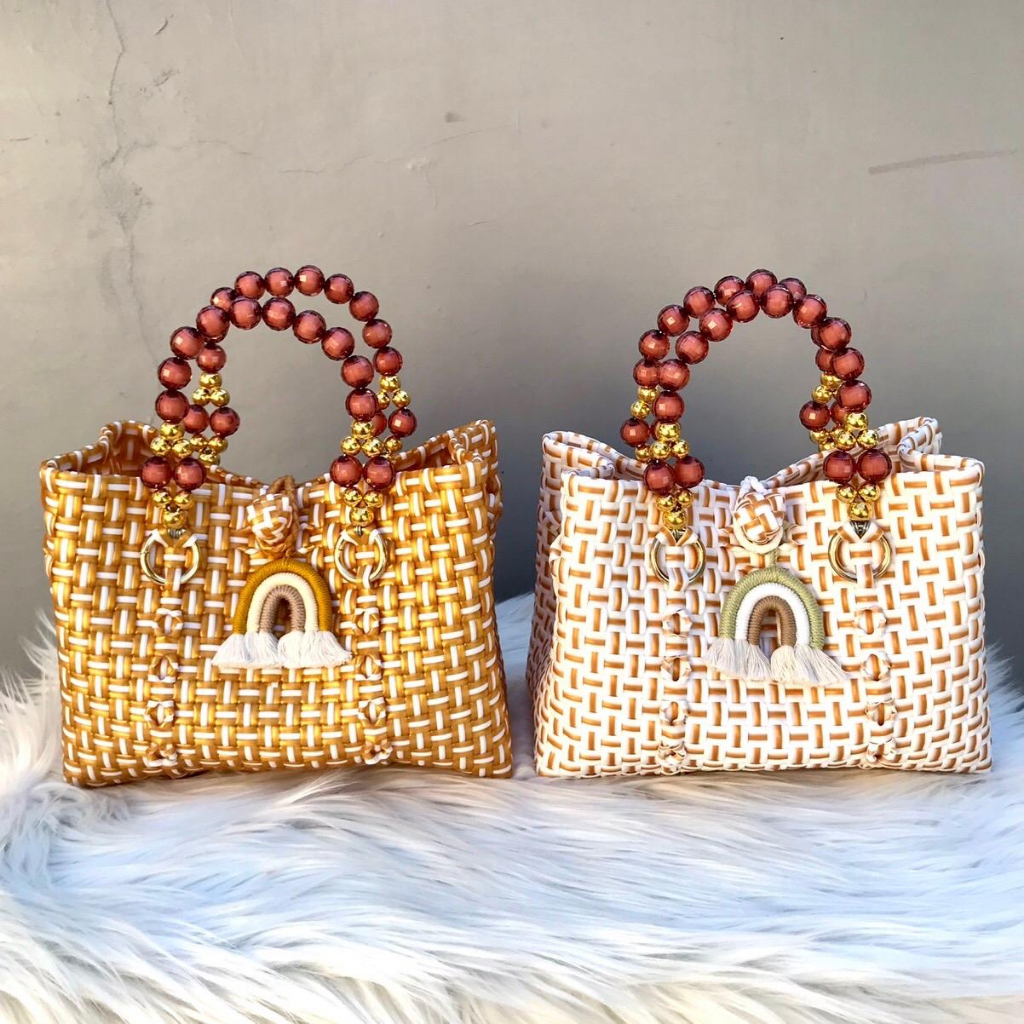 (Bonus Aksesoris Rainbow) Tas Anyam Jali Handle Mutiara Akrilik Premium Ukuran Small Patty