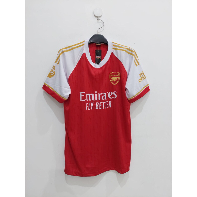Baju Bola Jersey Futsal Pria Dewasa Sablon Murah Lokal Club Ar_Senal Merah Stripe emas
