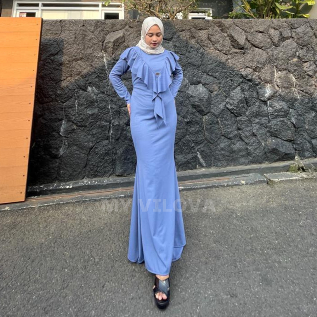 MY VILOVA Nagita Dress Mermaid Bahan Knit Jaguard Premium Ruffle Depan Gamis Viral Kondangan Fashion