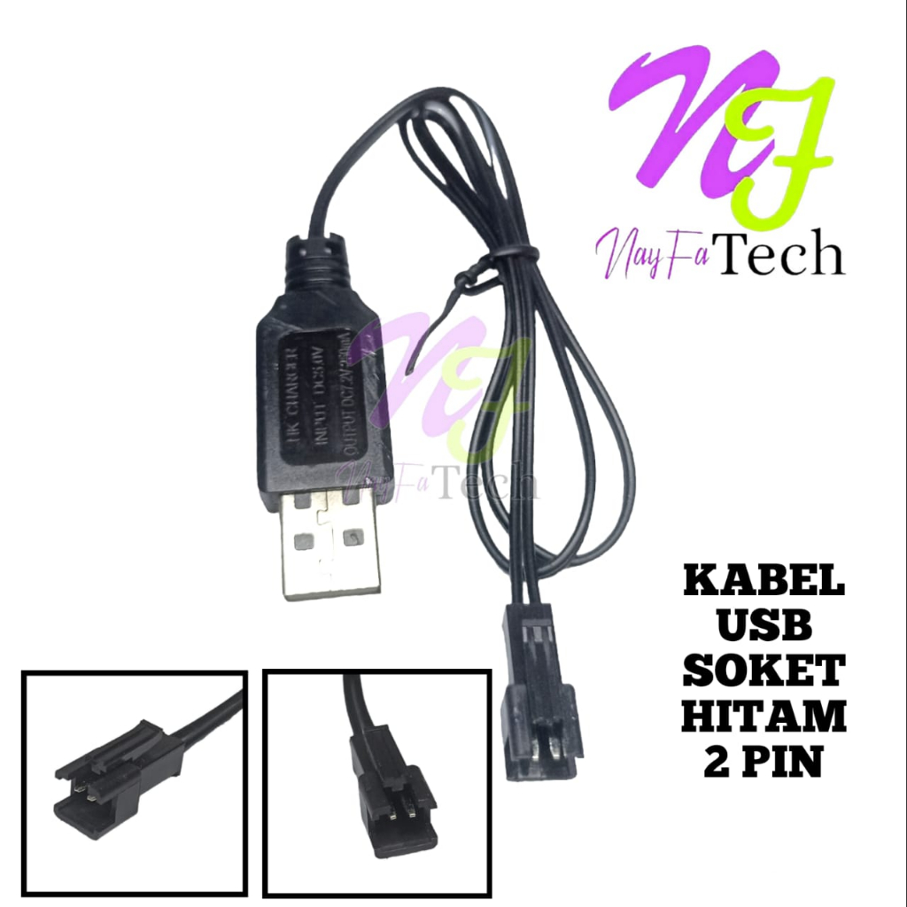 Kabel Cas Mobil RC Model USB Panjang Kabel 50Cm Soket Hitam 2Pin