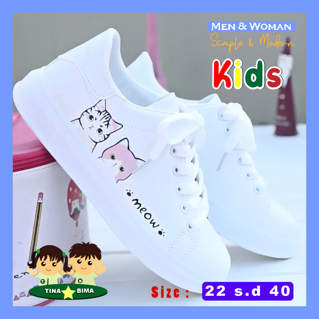 Sepatu Anak & Dewasa Sneaker Ac Meow Tali Putih Pink Lucu Trendi