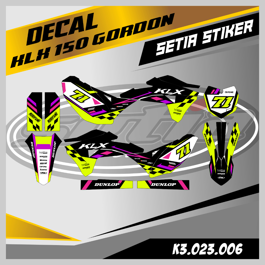 DECAL KLX GORDON HIJAU STABILO, SUPERMOTO, TRAIL, DESAIN BEBAS CUSTOM BARU (K3.023.006)