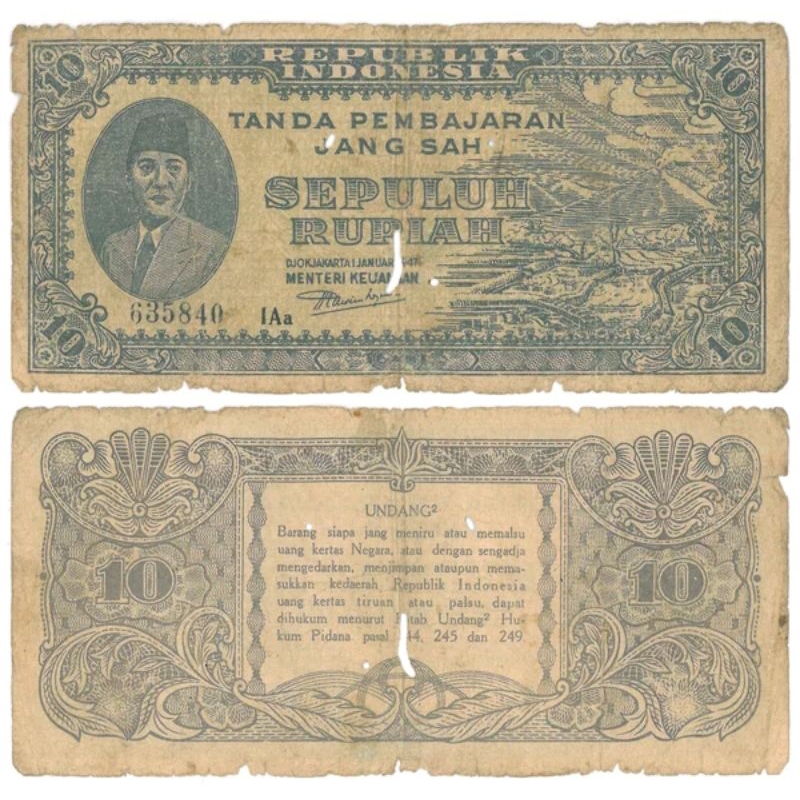 Uang Kuno ORI II 1 januari 1947 Rp 10 soekarno sukarno