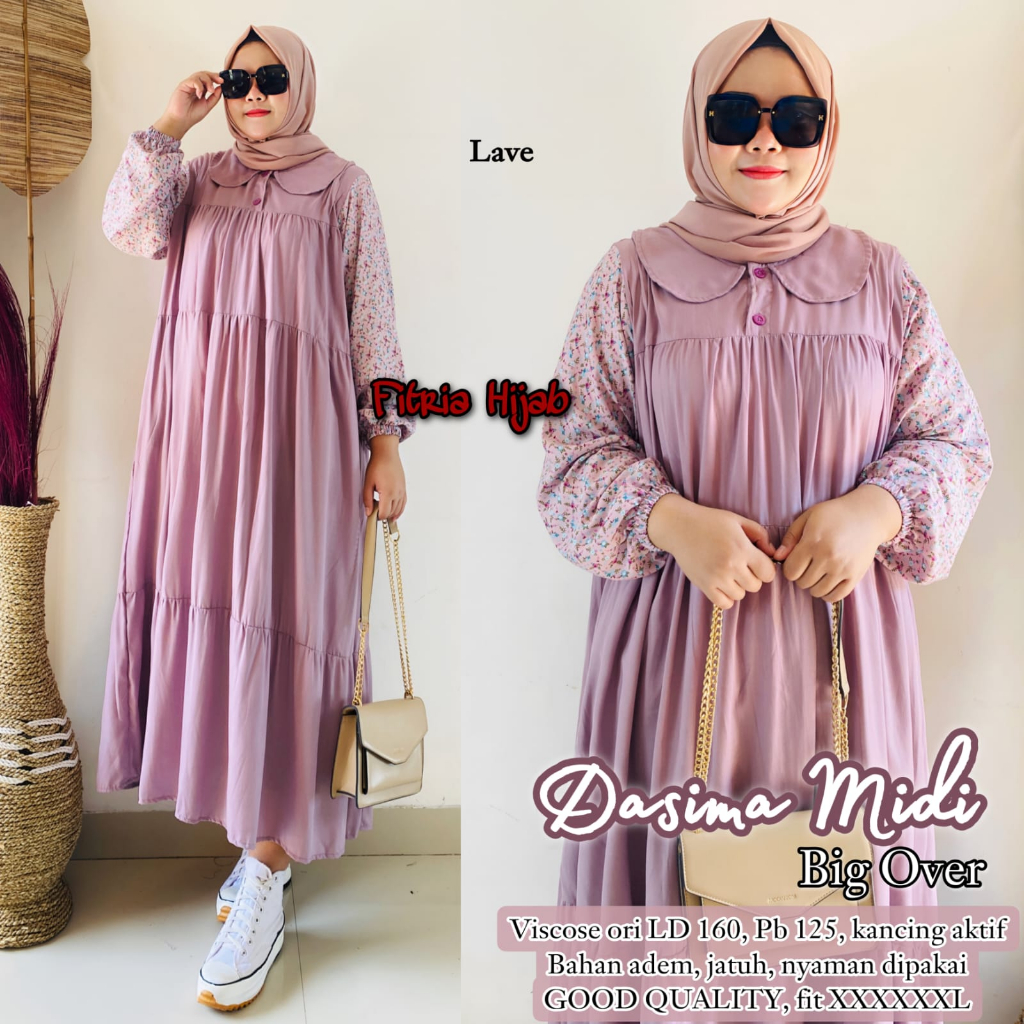dasima midi dress dress pakaian baju gamis wanita cewe remaja dewasa polos bahan katun viscose premi