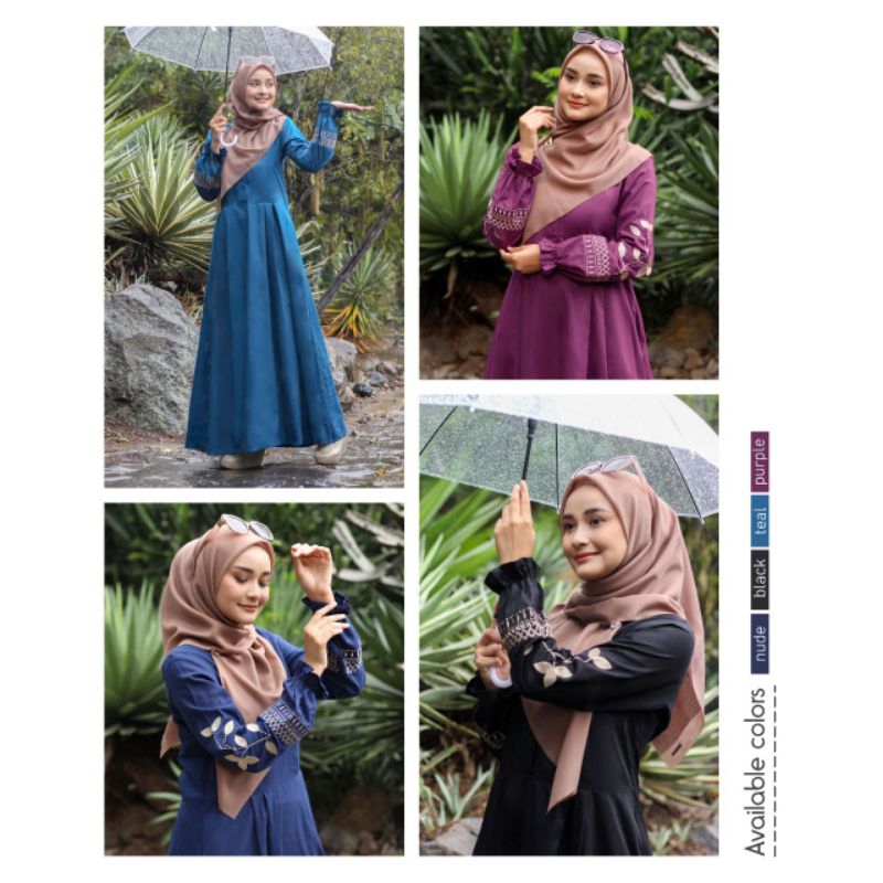 Abaya lengan kerut bordir di lengan A230304 | warna hitam black, biru dongker navy, ungu purple, teal 230304