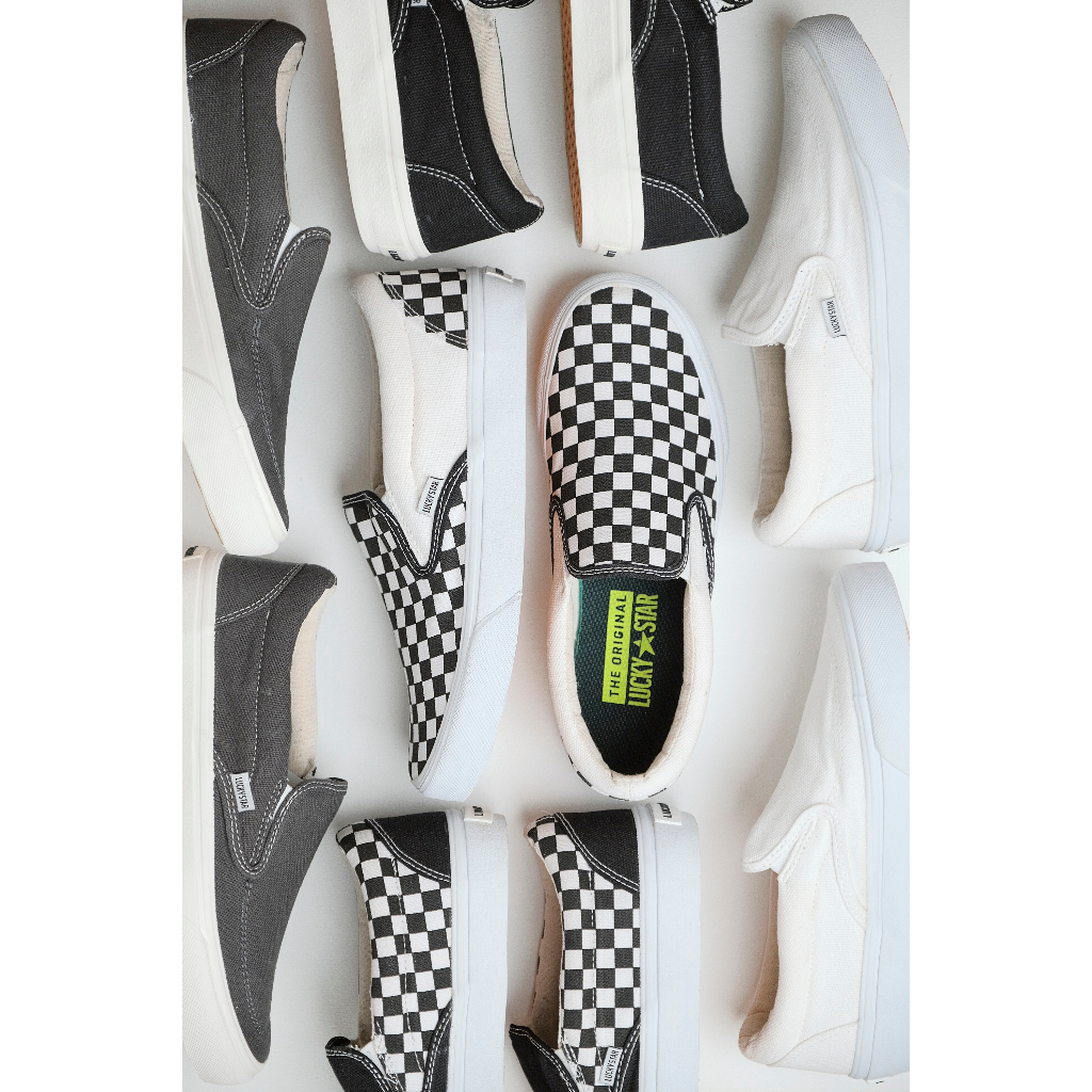 Sepatu Lucky Star - New Slip On White/Chess