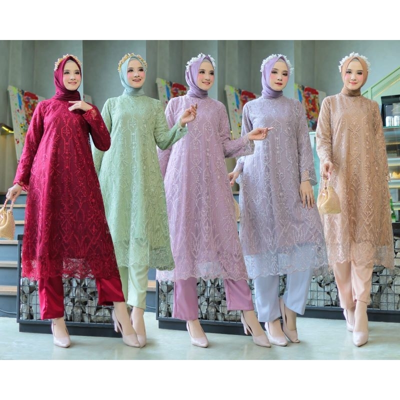 Setelan ASTER 002 ( Tunik + Celana ) One Set Brokat  Stelan Brukat Cantik Kondangan Terbaru Fashion 