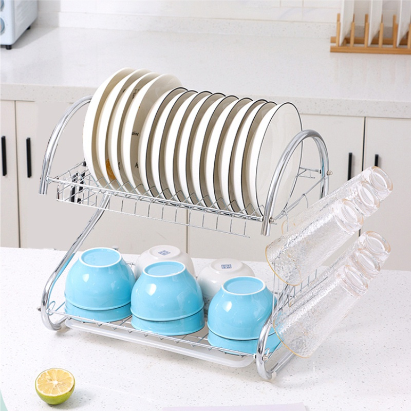 ALX. Rak Piring Stainless Minimalis Rak 2 Susun Tingkat Rak piring serbaguna Rak piring mini