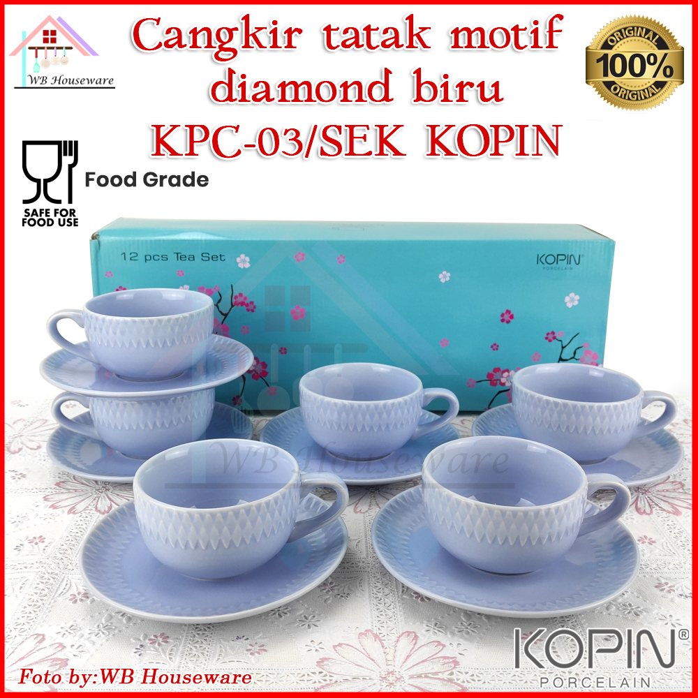 KOPIN cangkir set 6 pasang diamond blue keramik / coffee tea set cup and saucer motif diamond mouve 