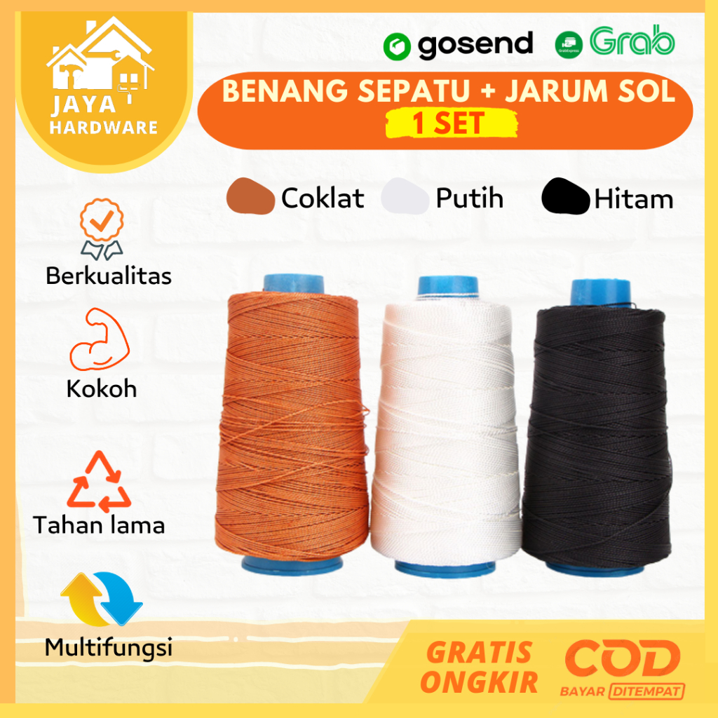 (Paket) Jarum Sol + Benang Jahit Sol Sepatu Nilon Premium Putih Hitam Coklat Model Roll / Benang Guj
