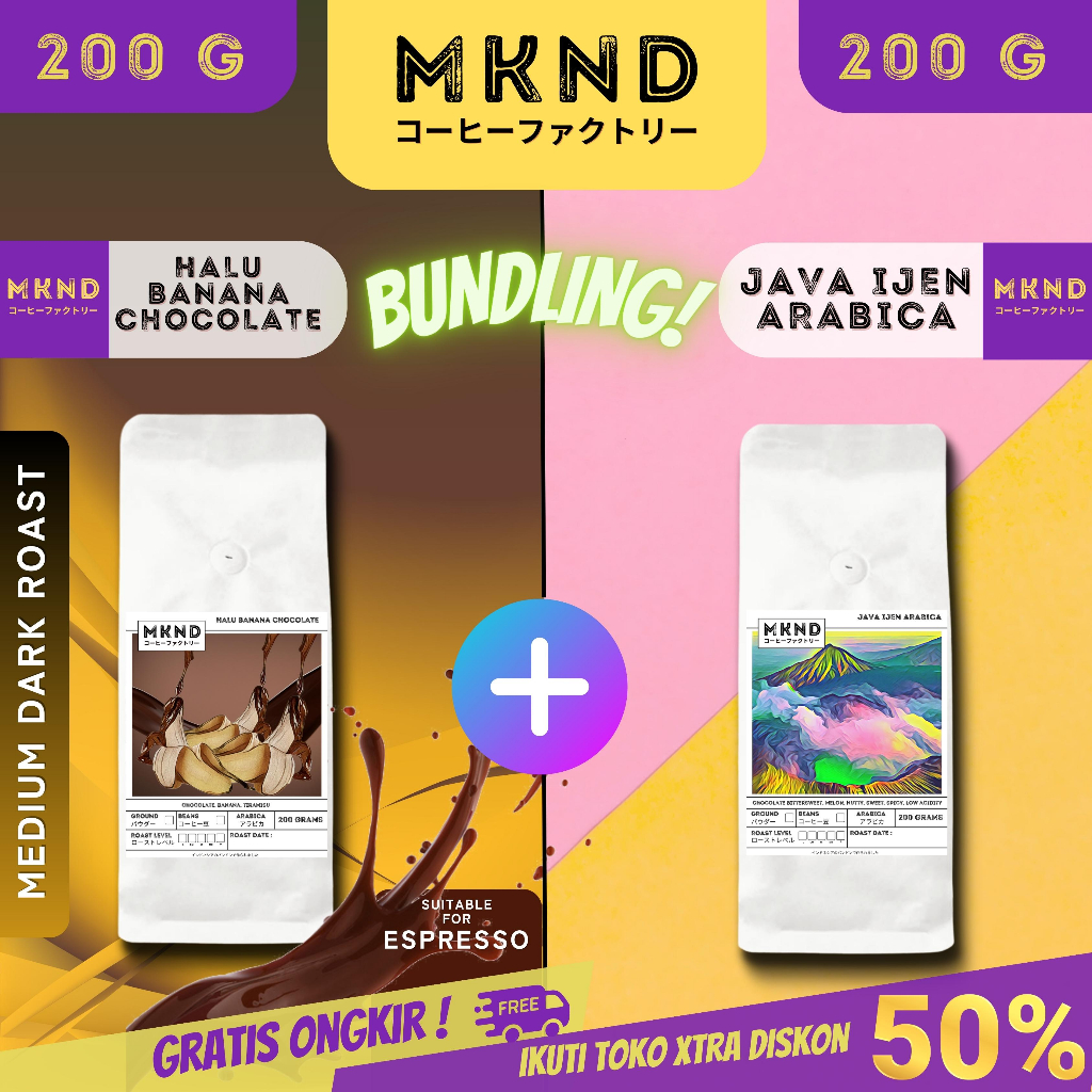 

MKND® BUNDLING HEMAT 2X200 KOPI ARABIKA HALU BANANA CHOCOLATE (MEDIUM DARK ROAST) SINGLE ORIGIN+ ARABIKA JAVA IJEN BLUE MOUNTAIN GRADE 1 PROMO DISCON | BIJI BUBUK | SINGLE ORIGIN | PREMIUM COFFE | ROASTED BEANS | MANUAL BREW | COFFE ROASTERY