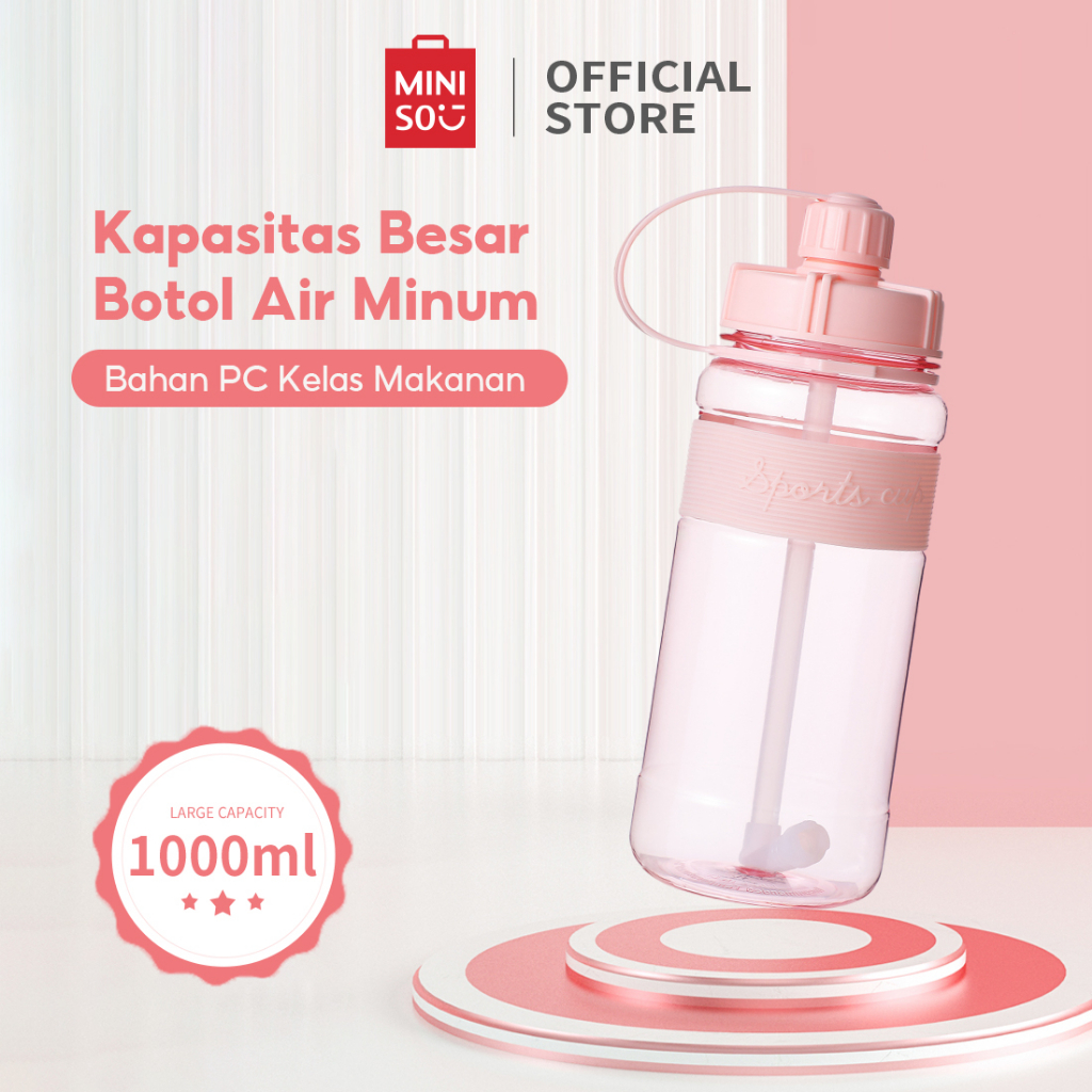 MINISO - Botol Minum 1000ml Botol Minum Air Olahraga Dengan Sedotan 1L Sports Water Bottle 1 Liter P