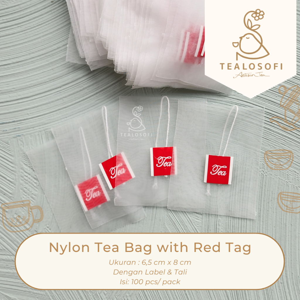 Nylon Tea Bag Pyramid - Kantong Teh Celup With Label Tag Merah