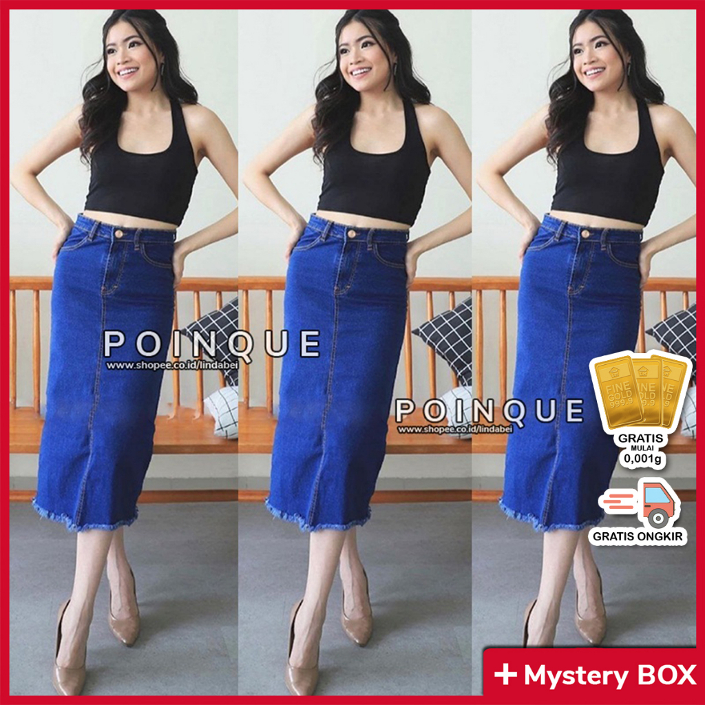 Rok Jeans Span High Waist Premium Wanita Panjang 7/9 Rumbai Stretch Melar 12oz (Tebal Premium)
