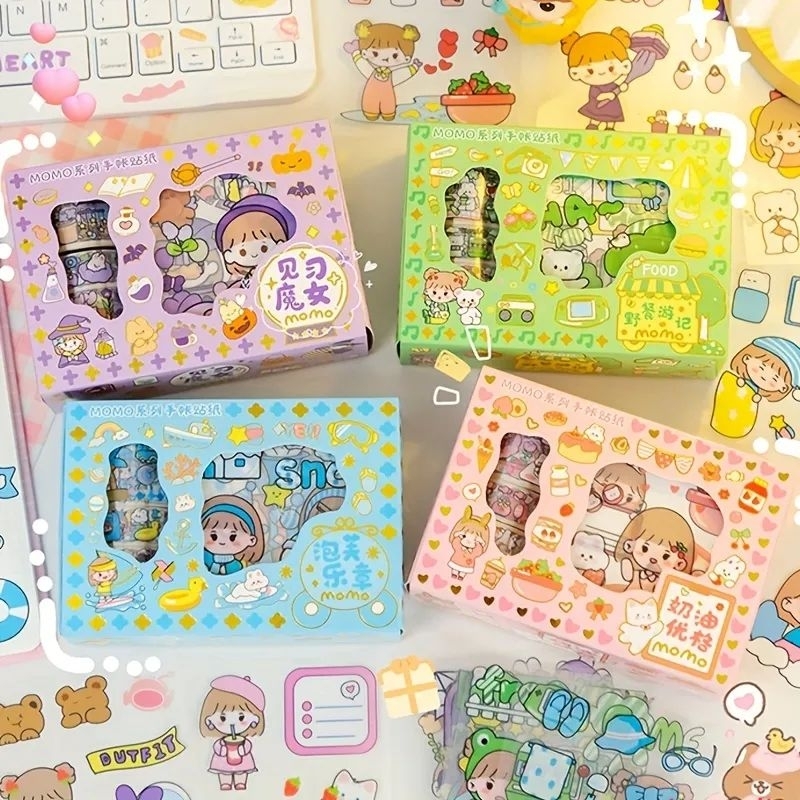 

GAEKOPEDIA || GIFT PACKAGE STICKER WASHITAPE SET DIY SCRAPBOOK DAN JURNAL PAKET STIKER BOX Sticker Momo Kartun Korea Lucu Set Roll Washi Tape Glitter New Viral