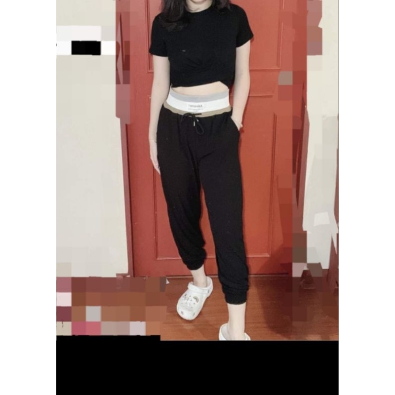Celana jogger wanita import Bangkok J.C bahan katun premium-Hitam