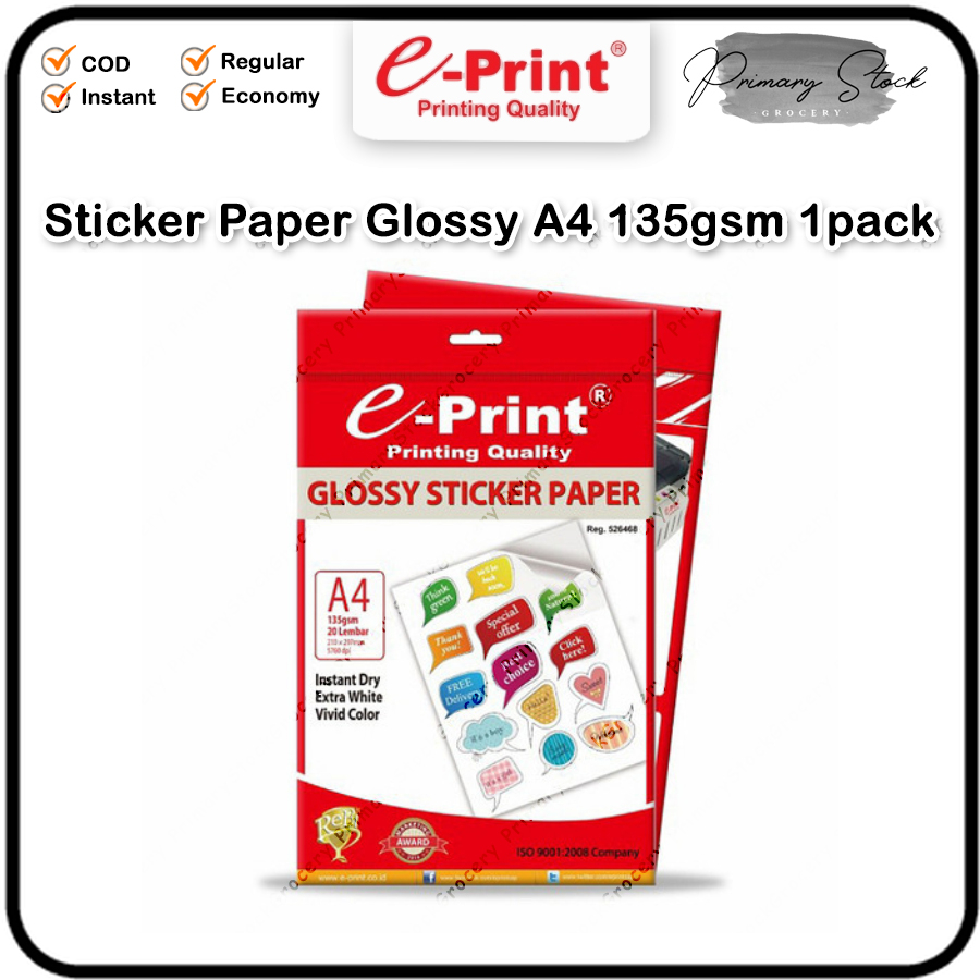 

Kertas Stiker Glossy E-Print Sticker Photo Paper A4 135 GSM 20LBR Isi 20 Lembar Cromo