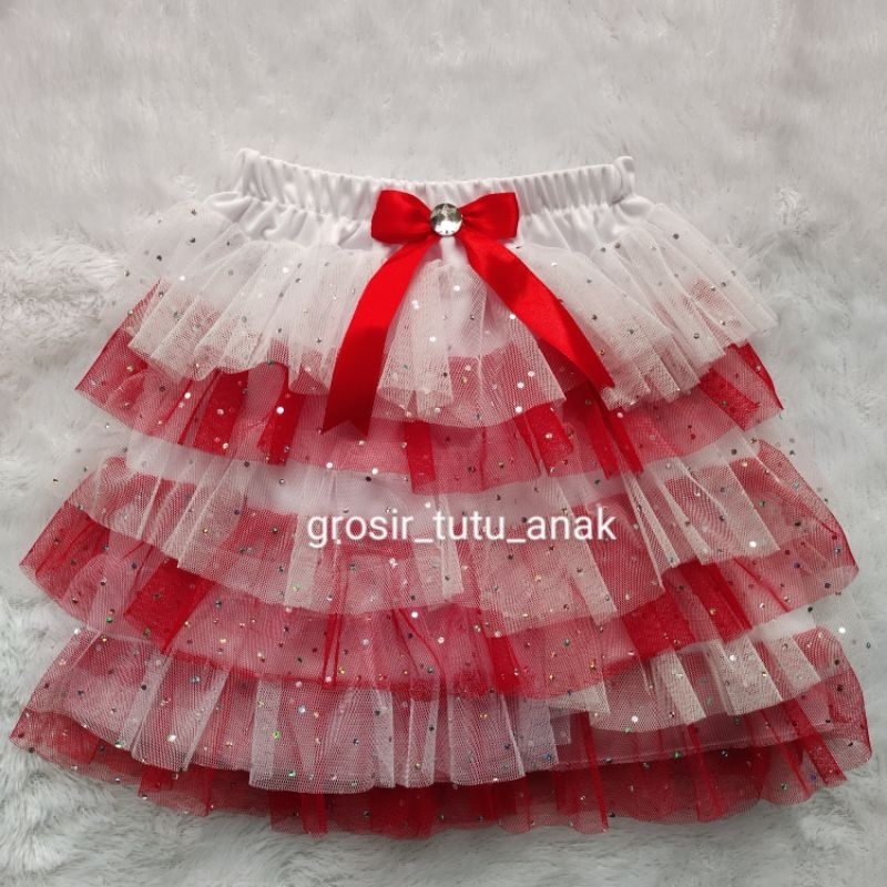Clara Rok Tutu Susun Tile Glitter Usia 1-12 Tahun - Rok Tile Glitter Putih Merah - Rok Pendek Anak P