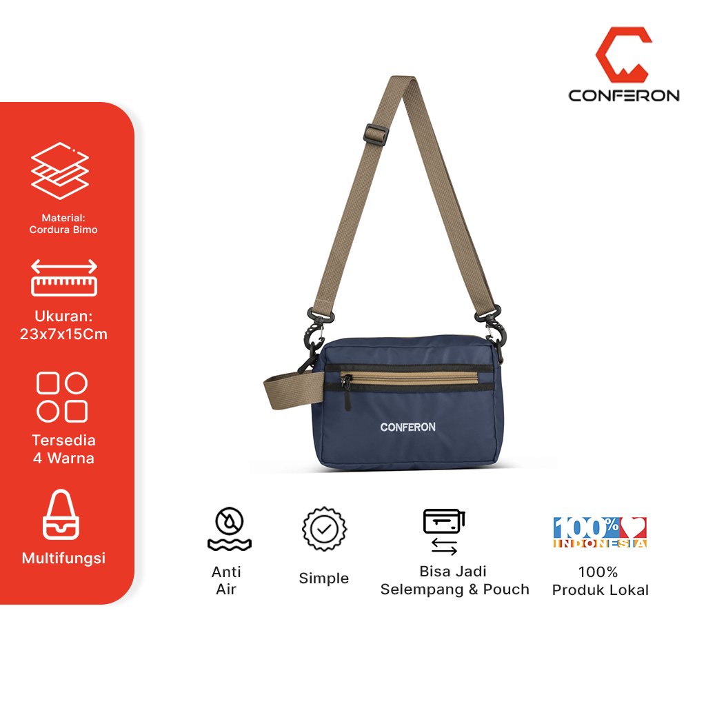Conferon - Tas Simple Dompet Selempang 02 Bahan Cordura Resleting Warna Hitam Slingbag Untuk Segala 