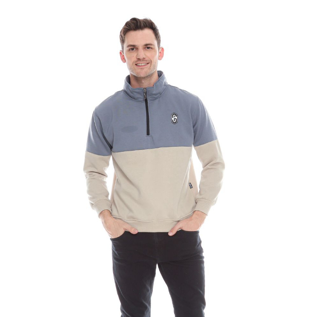 Half Zip Sweatshirt Pria Combinasi Denim On Cream