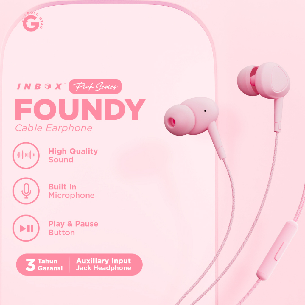 Inbox Foundy Kabel Headset Bass With Mic Earphone Gaming Pink Series Samsung