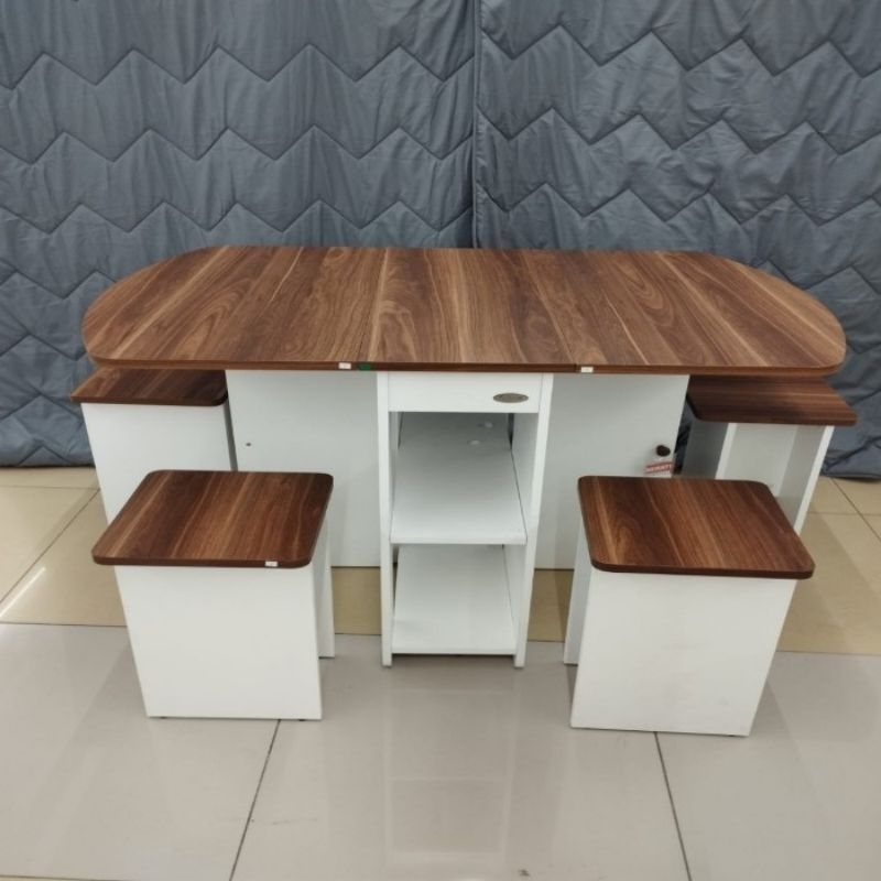 Selma Padma Set Meja Makan Lipat 4 Bangku - Putih/Cokelat Walnut Furniture Informa meja makan lipat 
