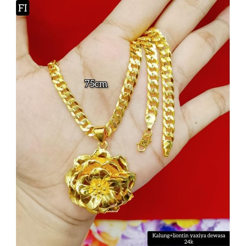 kalung wanita dewasa rantai liontin bunga titanium asli lapisan emas24k