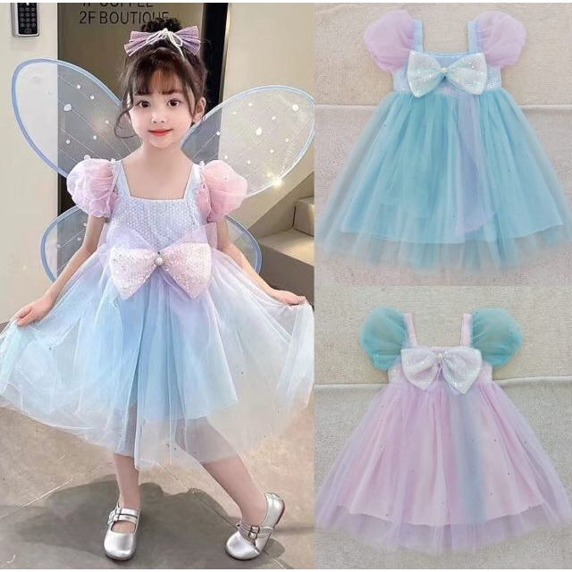 Dress tule anak 3-6th peri pink biru gaun pesta sequin import anak pita besar lengan balon