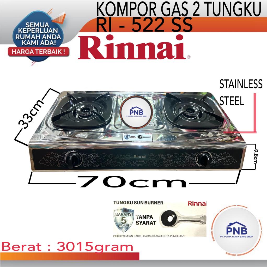 Rinnai Kompor Gas 2 Tungku Stainless Ri 522SS