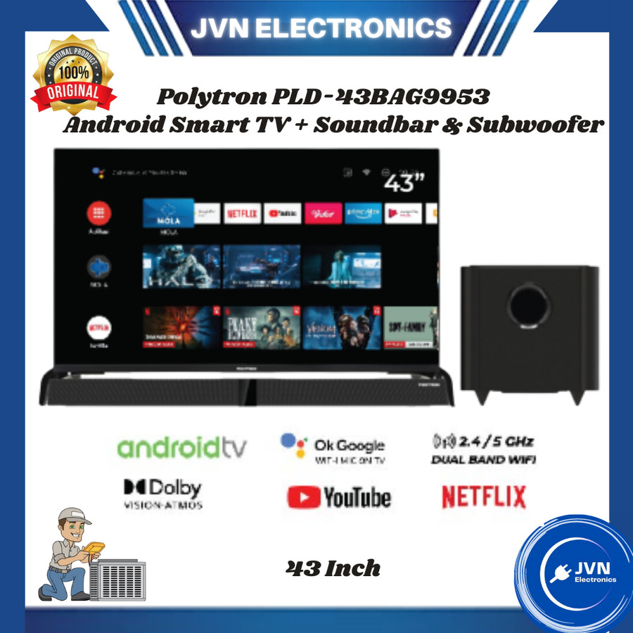 Polytron PLD-43BAG9953 43 Inch Android Smart TV + Soundbar &amp; Subwoofer