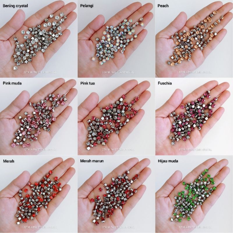 Kristal jahit cangkang akrilik bulat ss30 (6,3 mm) putih bening, peach, pink, fuschia, merah & hijau