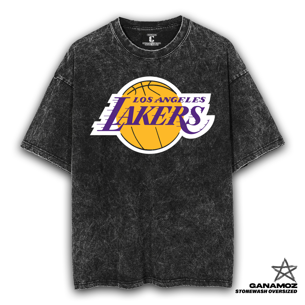 GANAMOZ Kaos Basket Lakers Stone Wash Oversize T-shirt | Kaos Oversize Wanita | Kaos Oversize Pria |
