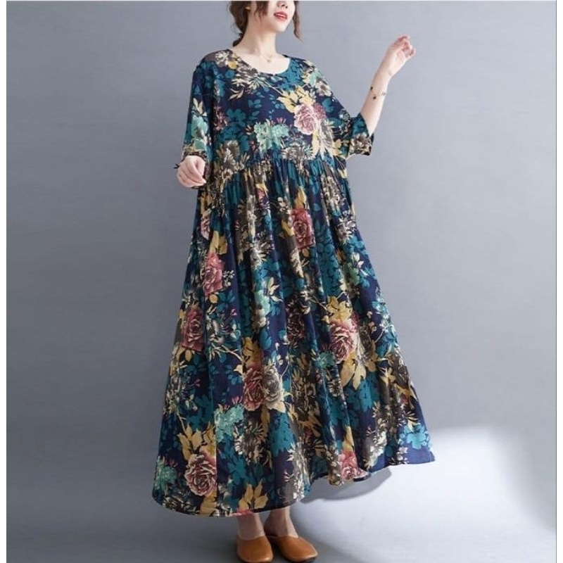 74002 Fashion maxi long dress dres oversize sizebesar dasterbumil homewear bunga bunga gombrang long