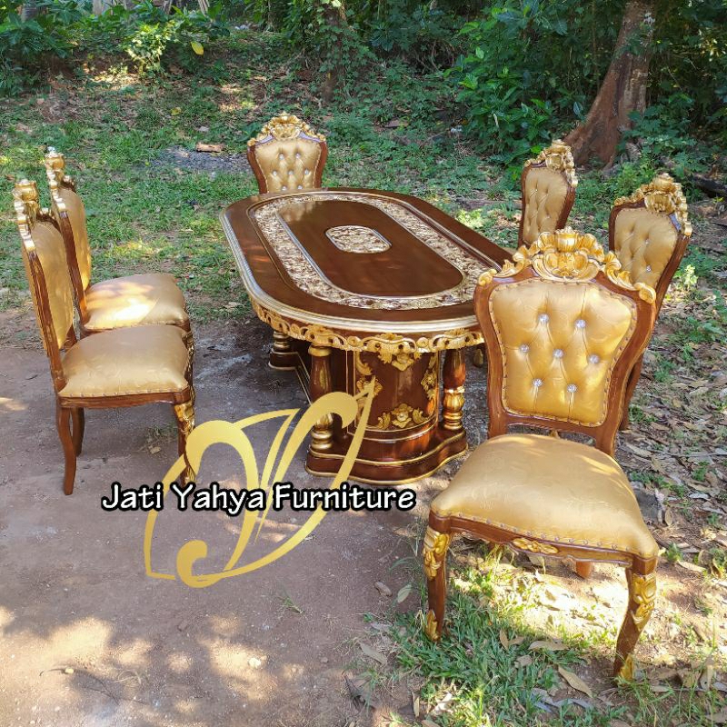 kursi makan ganesha full kayu jati tua 6 kursi + meja + kaca 6ml
