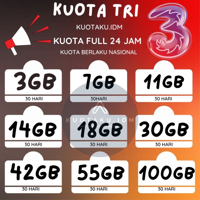 [MURAH] Kuota Three Isi ulang kuota Happy AON PROMO TRI 1,5GB 2,5GB 4GB 5GB 12GB 52GB UNLIMITED Lang