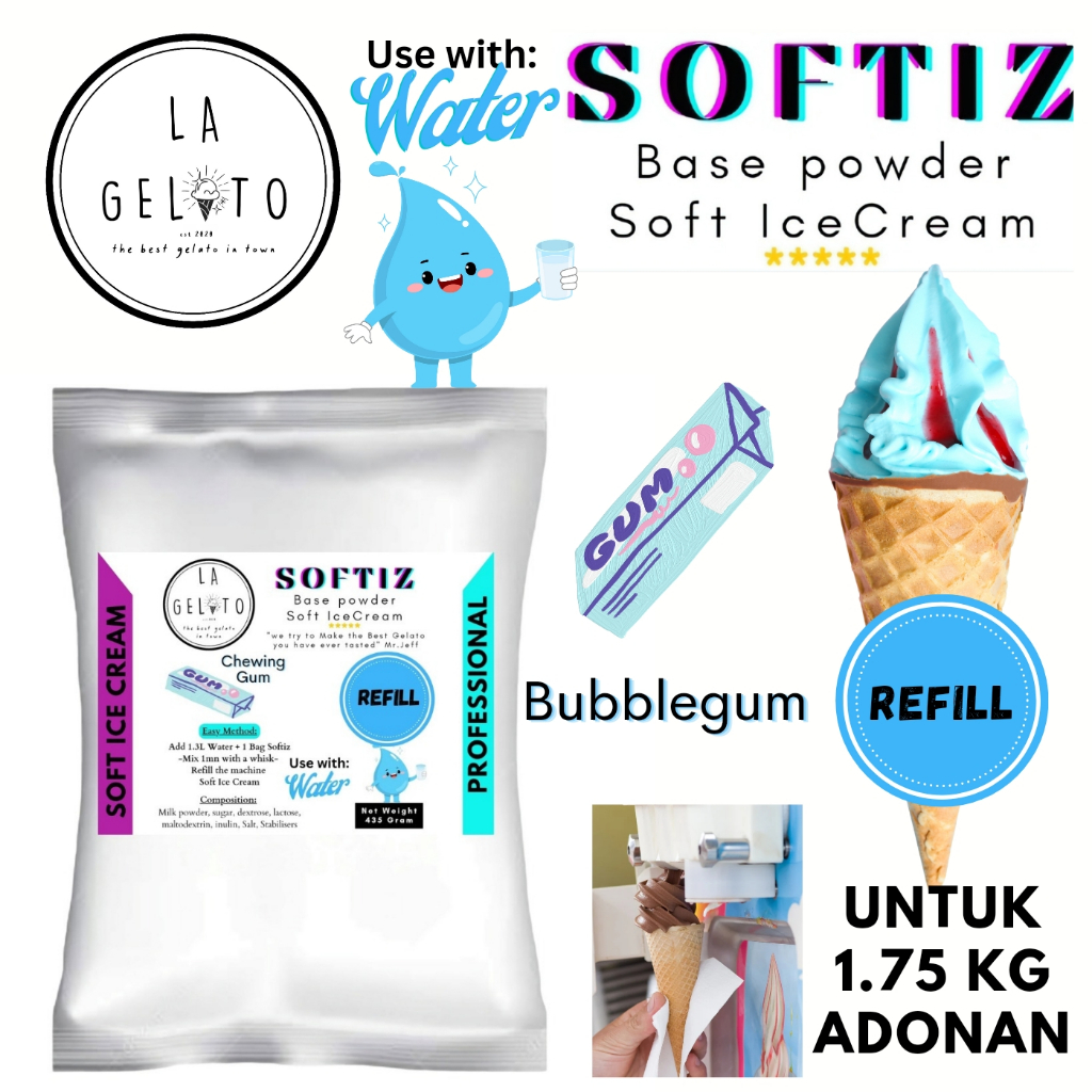 

435gr Bubuk Soft ice cream spesial untuk adonan 1.7kg - Rasa Chewing Gum
