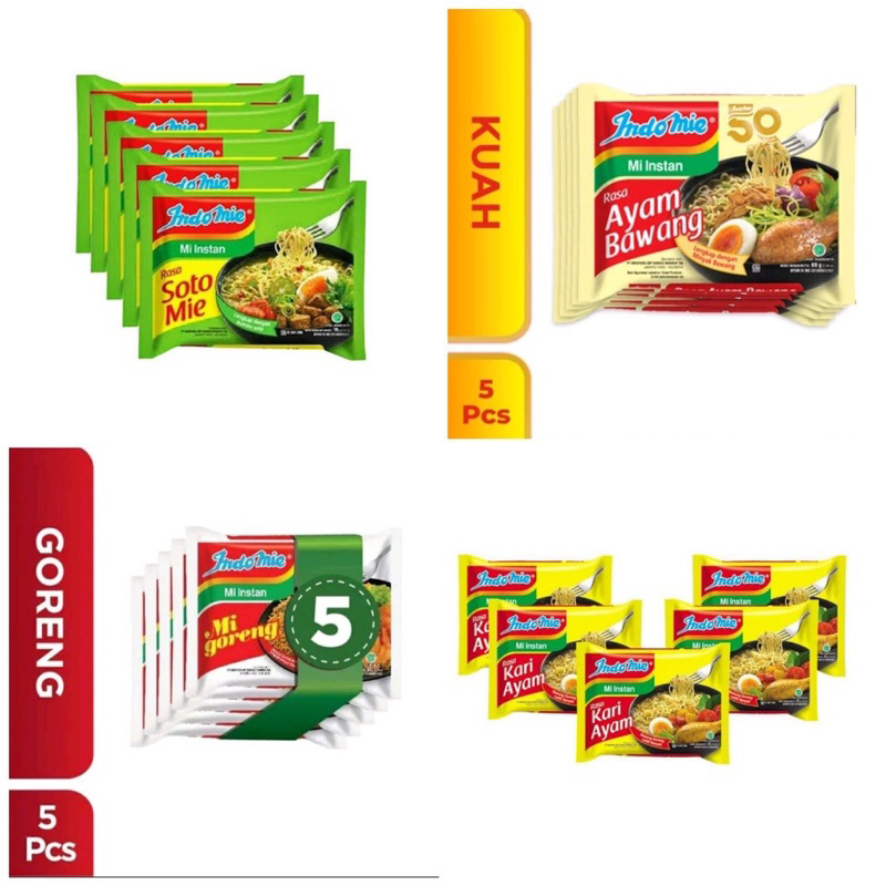 

Indomie Goreng, ayam bawang, Kari dan Soto 5 x 70gr