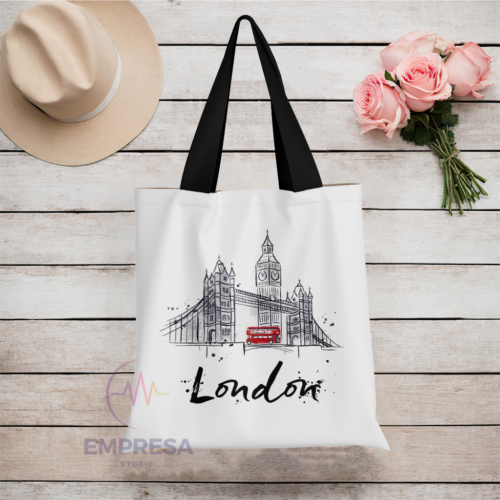 London Travel city Lineart Bridge Canvas Polyester Tote Bag