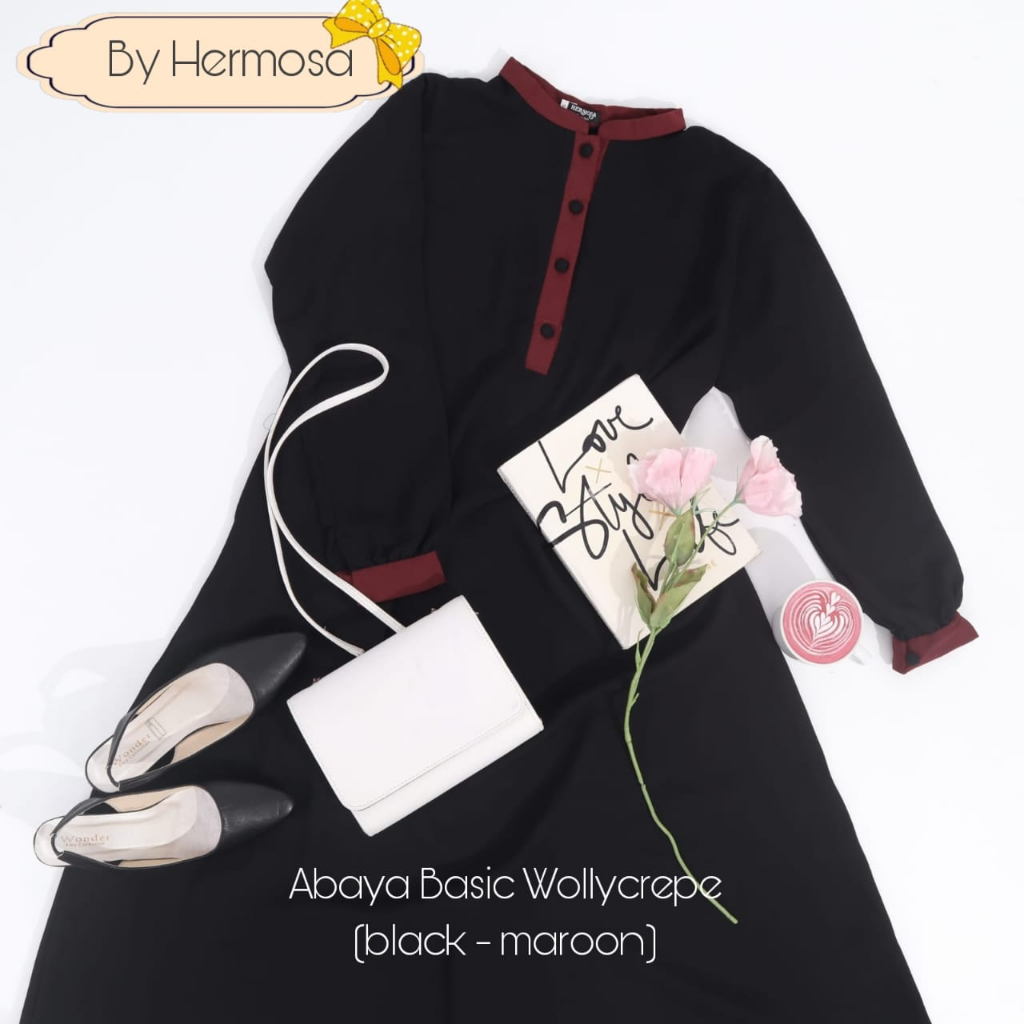 (Abaya Hermosa)Abaya basic hermosa bahan wollycrepe warna hitam polos-Abaya basic hitam busui premiu