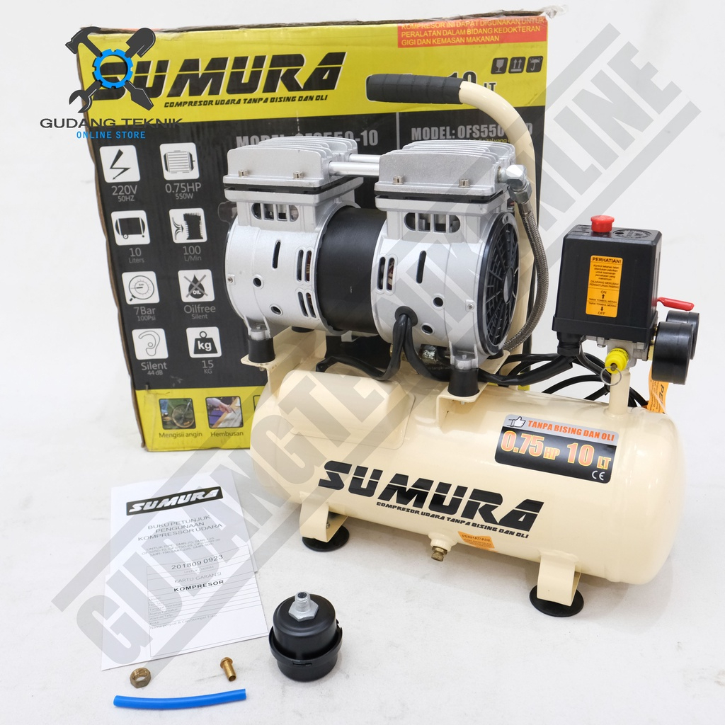 Mesin Kompresor Angin Tanpa Oli 10 Liter 3/4Hp OFS 550-10 SUMURA / Air Compressor Oilless Silent 10L