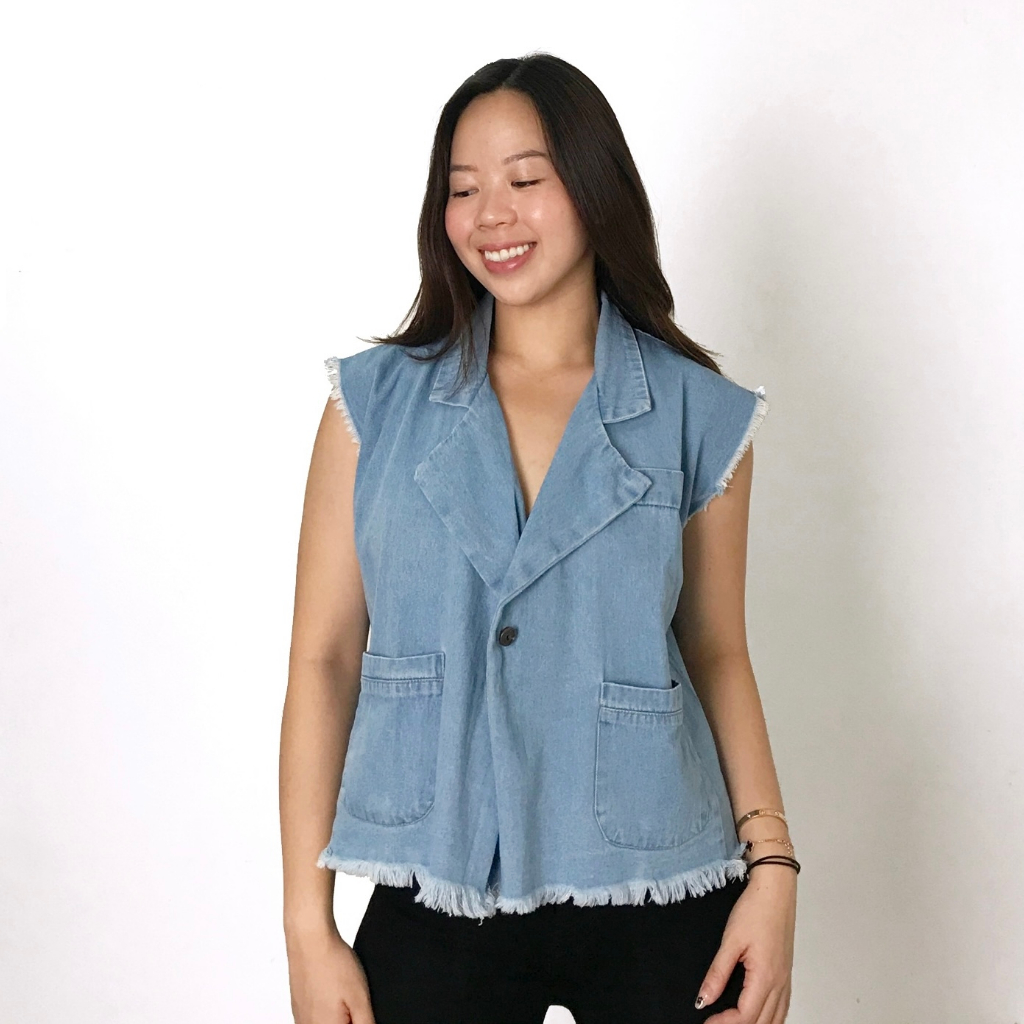 Rompi Jeans wanita tanpa lengan Crop rawis Soft Jeans Premium kerah kancing