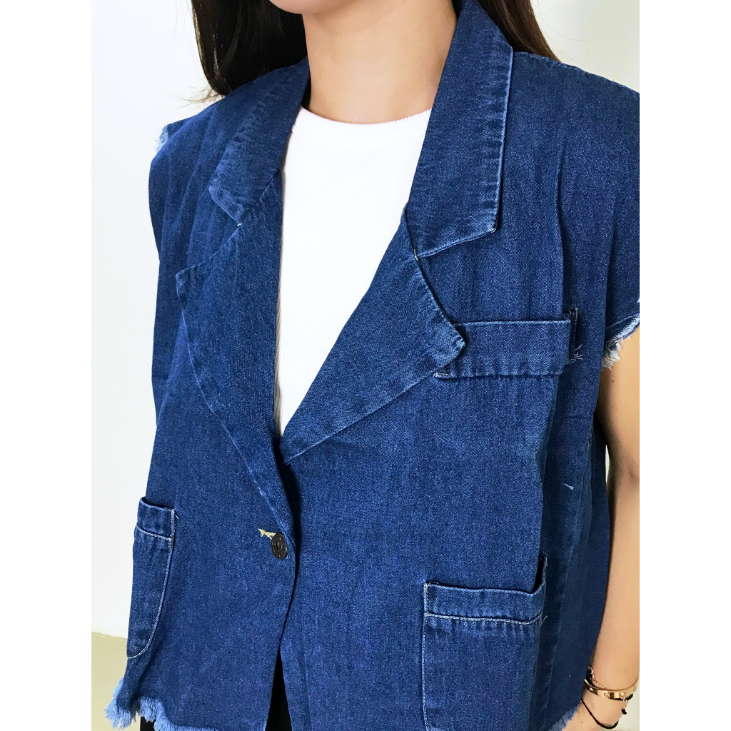 Rompi Jeans wanita tanpa lengan Crop rawis Soft Jeans Premium kerah kancing - Dark Blue