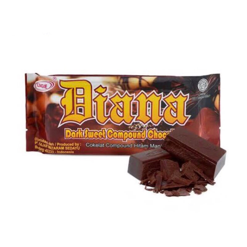 

Coklat compound / Diana dark coklat / chocolate / Coklat batang / Diana Cokelat / bahan kue / Cokelat Compound Batang Diana 250 Gram / Dark Chocolate / Dark Sweet Compound Chocolate / Lagie Diana / L’agie / Diana Lagie