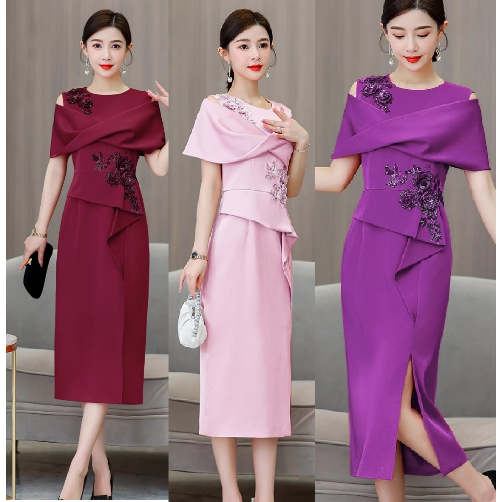 Gaun Pesta D23013 Pink Merah Ungu Lengan Pendek Party Dress