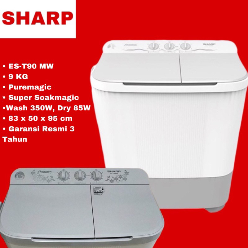 Mesin Cuci Sharp Puremagic 2 Tabung 9 KG ES-T90MW (FREE ONGKIR SERANG BANTEN)