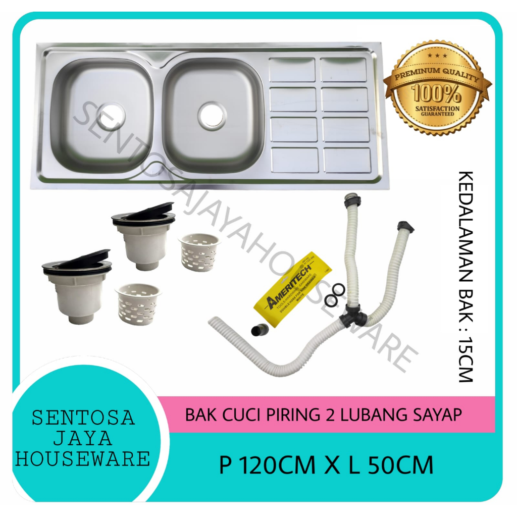 BAK CUCI PIRING 2 LUBANG SAYAP 120CM X 50CM / SINK DAPUR 2 LUBANG / KITCHEN SINK 2 LUBANG