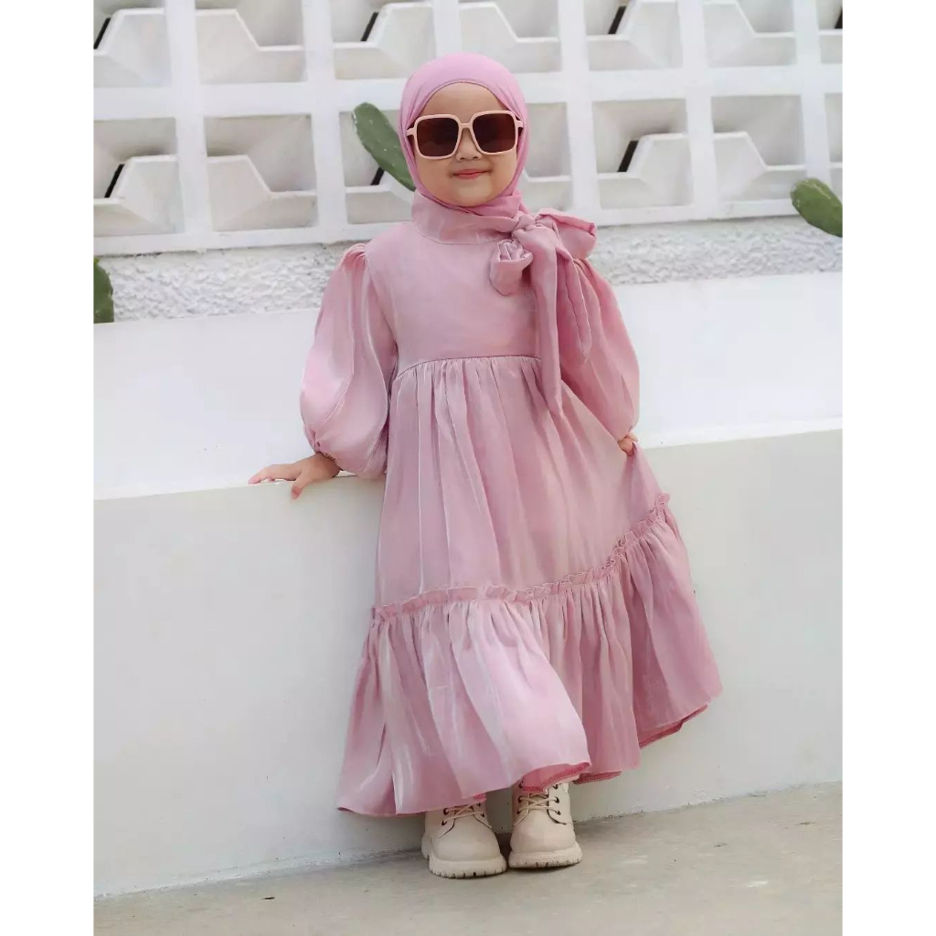 Arsyila Kids + Jilbab Baju Dress Anak Usia 7 - 8 Tahun Baju Muslim Anak Perempuan Bahan Santorini Shimer GOM