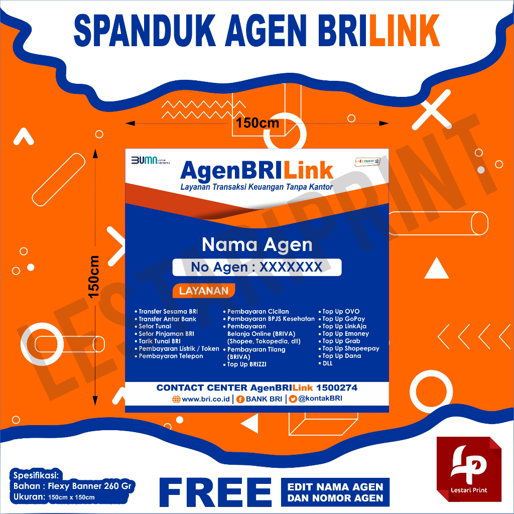 SPANDUK BRILINK / KOTAK 150cm X 150cm / SPANDUK AGEN BRILINK / BANNER AGEN BRI LINK / LESTARIPRINT