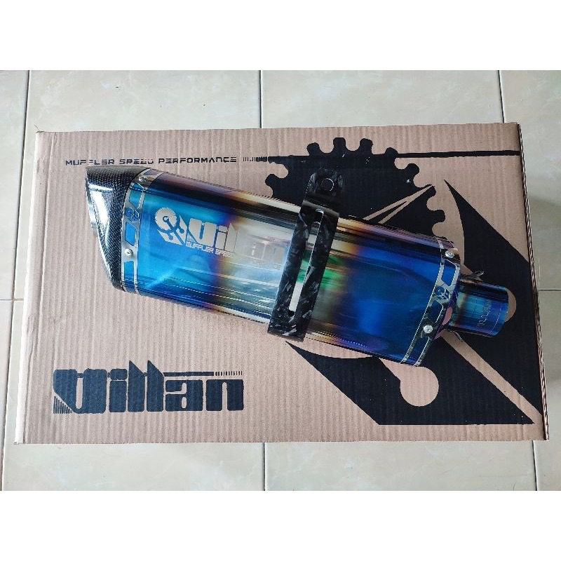 (ORIGINAL) KNALPOT VILLAN MV1 BLACK/BLUE + KLEM KARBON SILENCER ONLY INLET 50/51